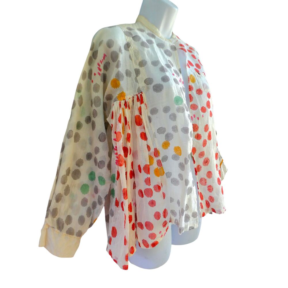 NEW Injiri Colorful Spots Cotton Silk Peasant Shirt Gathered Side Panel Charbagh